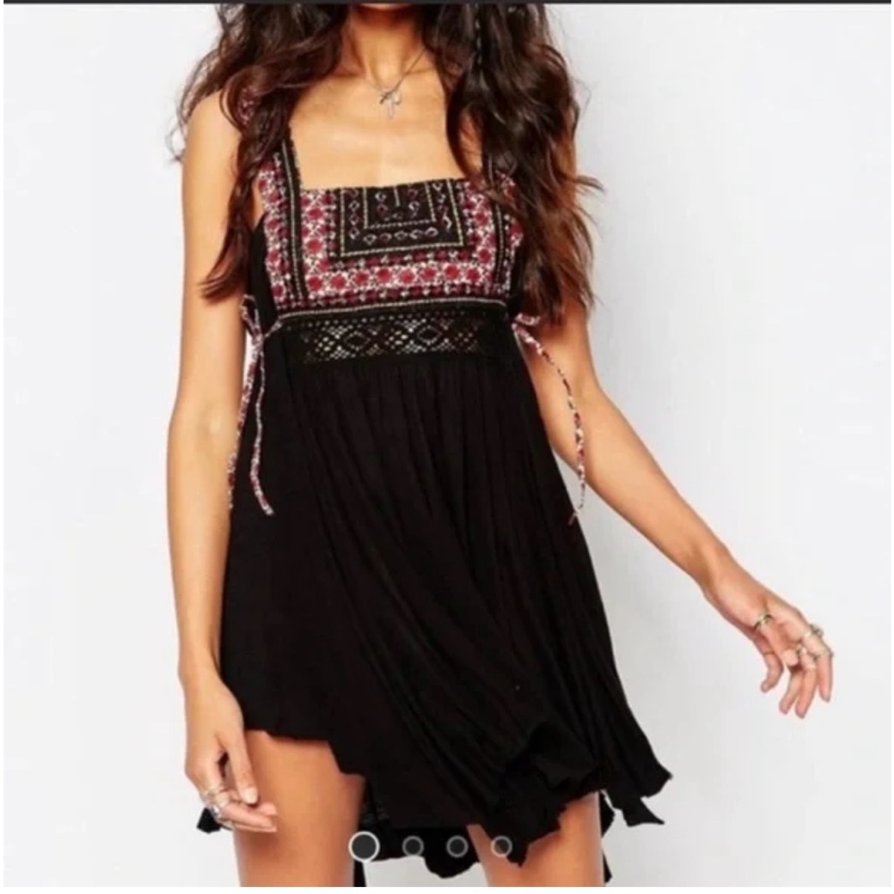 Free People-embroidered black tunic dress with crocheted details.Size XS